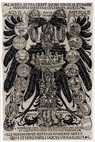 Picture of Allegorischer Reichsadler des Konrad Celtis mit den Künsten, dem Musenbrunnen und dem Urteil des Paris (1507) - Hans Burgkmair The Elder (German, 1473–1531)