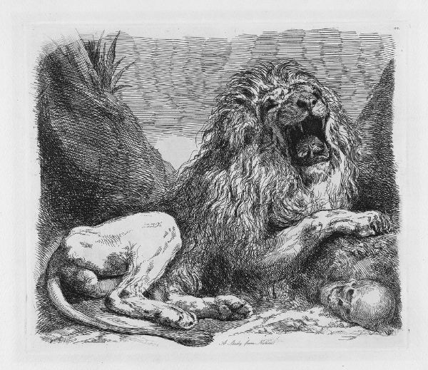 Picture of A Study from Nature; a lion among rocks, roaring, a human skull lower right (1820) - Sir George Hayter (English, 1792-1871)