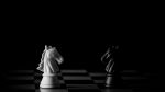 Picture of White and black horse chess encounter on a chessboard in the dark background