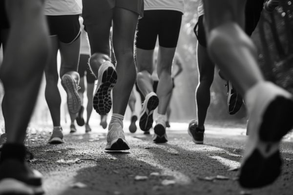 Picture of A black and white photo capturing a group of people running