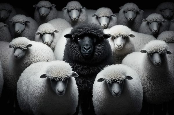 Picture of A black sheep surround with normal white sheep metaphor to be outstanding or unique