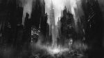 Picture of Gritty noir cityscape with towering skyscrapers and shadowy street misty cold